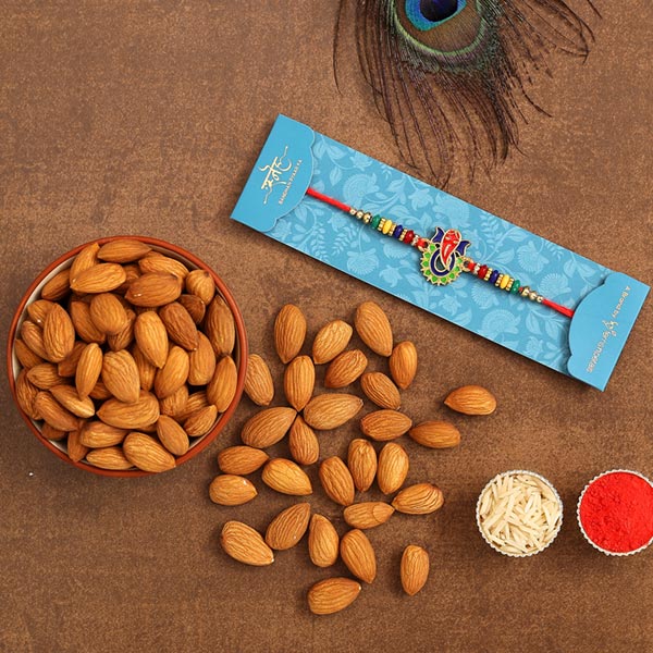 Multicoloured Lord Ganesha Rakhi And Healthy Almonds