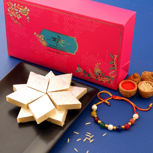 Navrattan Bracelet Pearl Rakhi And Kaju Katli