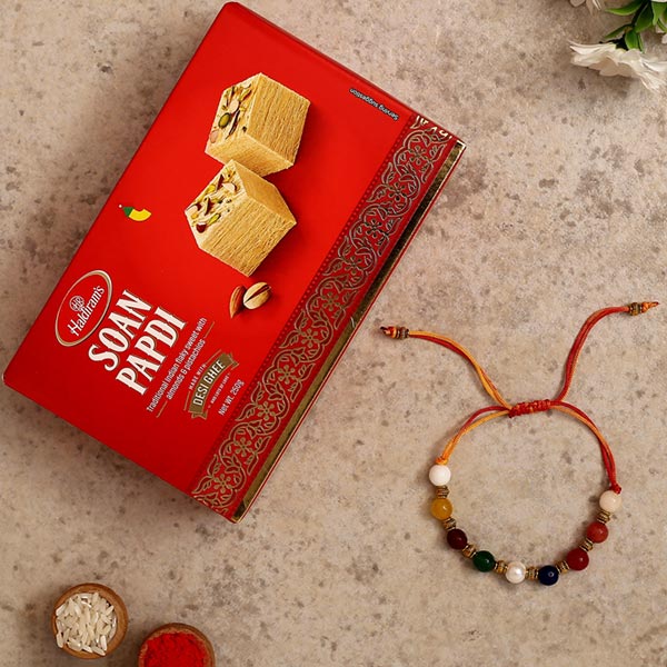 Navrattan Bracelet Pearl Rakhi And Soan Papdi