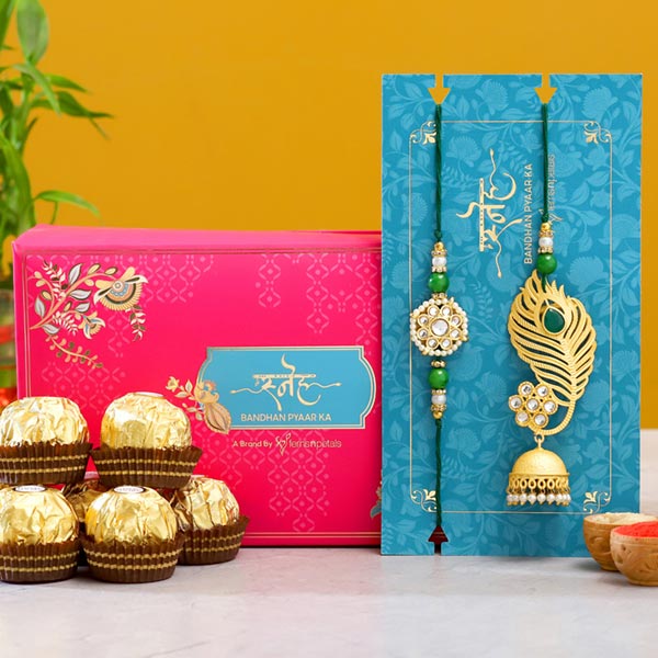Peacock Feather Jhumki Lumba Rakhi Set With 3 Pcs Ferrero Rocher