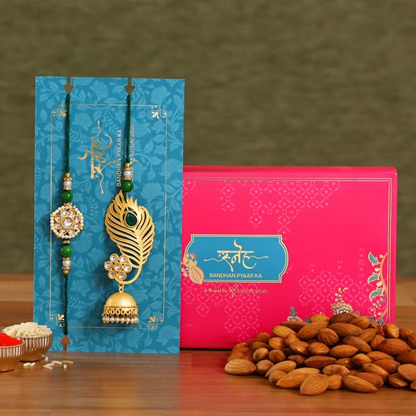 Peacock Feather Jhumki Lumba Rakhi Set With Healthy Almonds