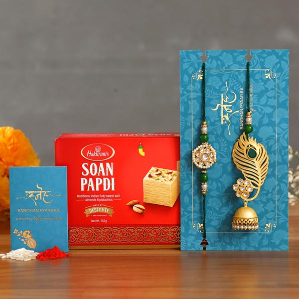 Peacock Feather Jhumki Lumba Rakhi Set With Soan Papdi