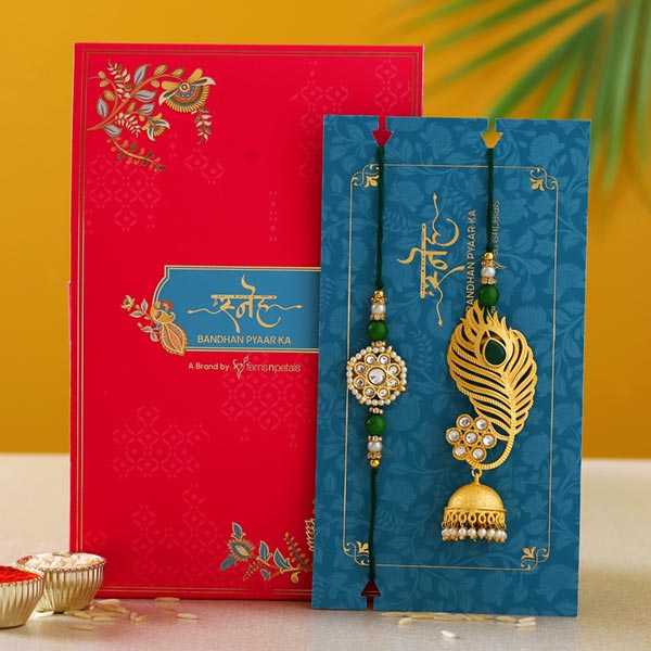 Peacock Feather Jhumki Style Lumba Rakhi Set