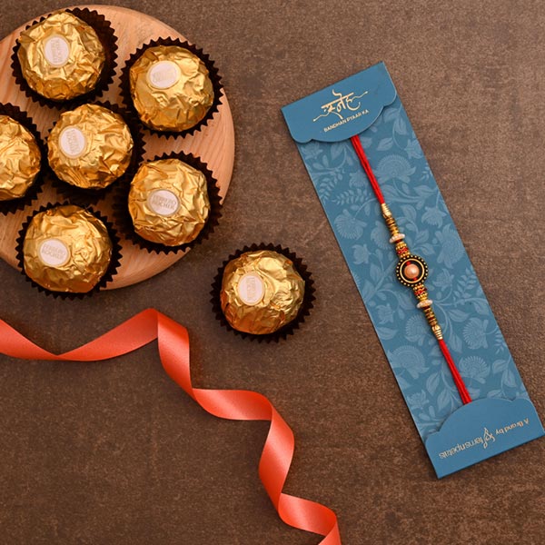 Pearl In A Circle Rakhi And 3 Pcs Ferrero Rocher