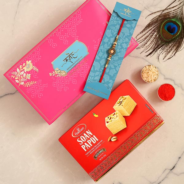 Pearl In A Circle Rakhi And Soan Papdi