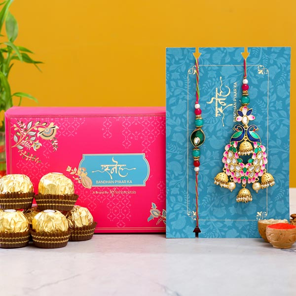 Pink Peacock Lumba Rakhi Set With 3 Pcs Ferrero Rocher
