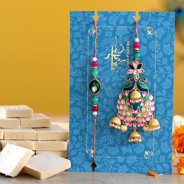 Pink Peacock Lumba Rakhi Set With Kaju Katli