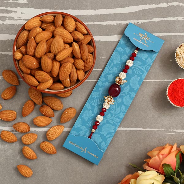 Red Beads Pearl Designer Rakhi And Healthy Almonds