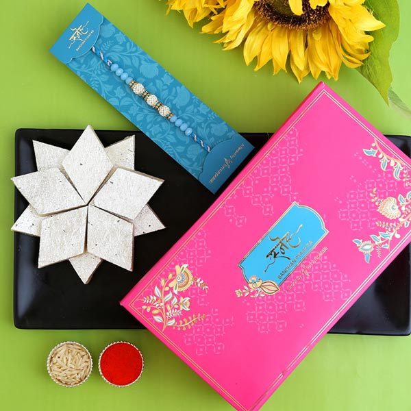 Sea Blue Pearl Designer Rakhi And Kaju Katli
