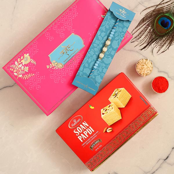 Sea Blue Pearl Designer Rakhi And Soan Papdi