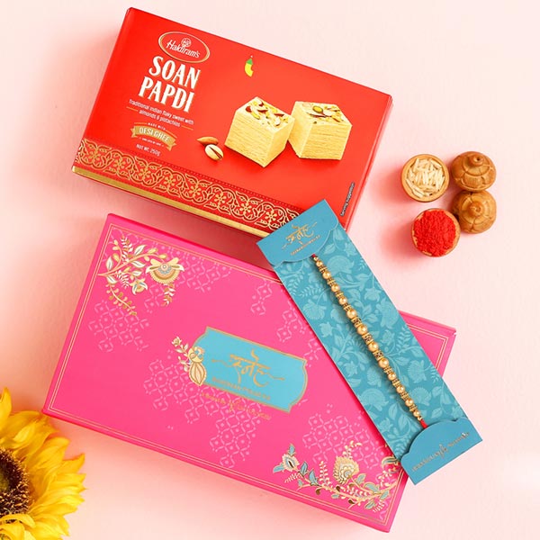 Traditional Pearl Mauli Rakhi And Soan Papdi
