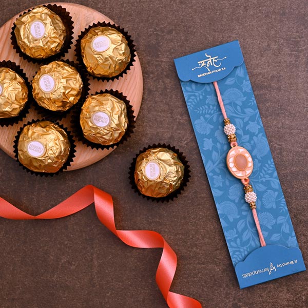 White Peach Stone Designer Rakhi And 3 Pcs Ferrero Rocher
