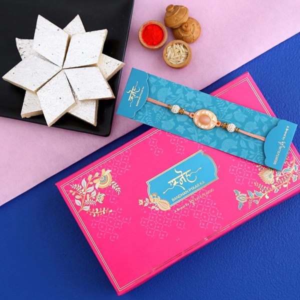 White Peach Stone Designer Rakhi And Kaju Katli