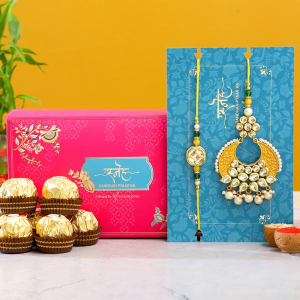 Yellow Crescent Shaped Lumba Rakhi Set With 3 Pcs Ferrero Rocher