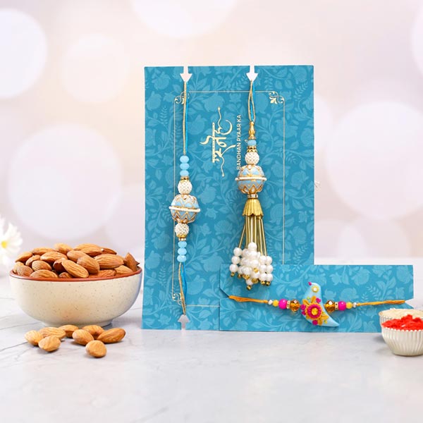 Blue Orb Lumba Rakhi Set & Bird Rakhi With Almonds