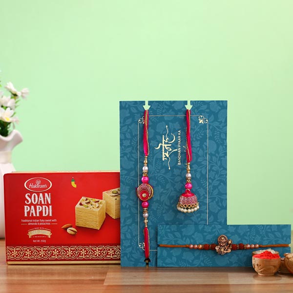Meenakari Lumba Rakhi Set & Rudraksha Rakhi With Sweets