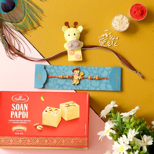 Bal Hanuman & Giraffe Kids Rakhis With Soan Papdi