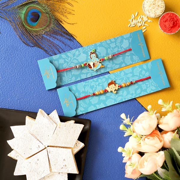 Bal Krishna & Ganesha Face Rakhis With Kaju Katli