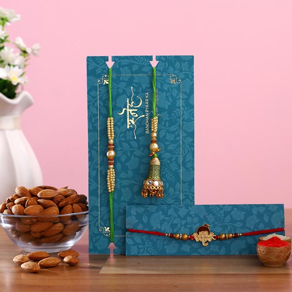 Green Lumba Rakhi Set & Kids Rakhi With Almonds