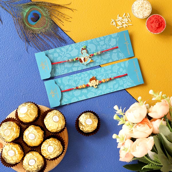 Bal Krishna & Ganesha Face Rakhis With Ferrero Rocher