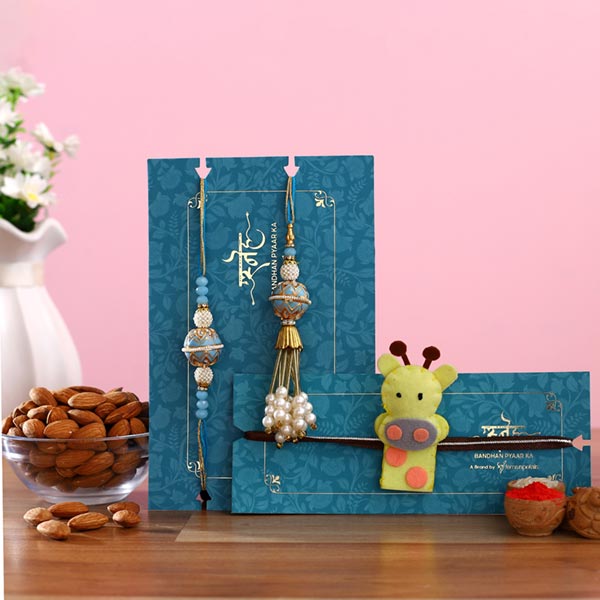 Blue Orb Lumba Rakhi Set & Giraffe Rakhi With Almonds