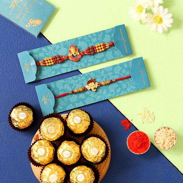 2 Lord Ganesha Rakhis & 5 Pcs Ferrero Rocher Combo