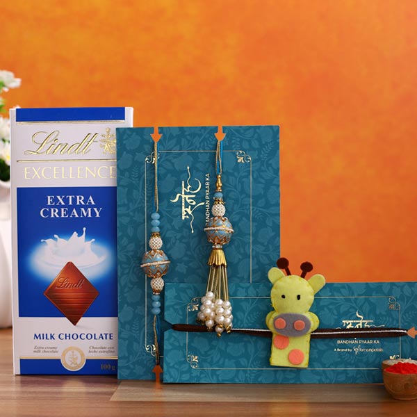 Blue Orb Lumba Rakhi Set & Giraffe Rakhi With Lindt