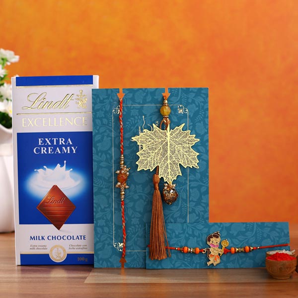 Maple Leaf Lumba Rakhi Set & Kids Rakhi With Lindt