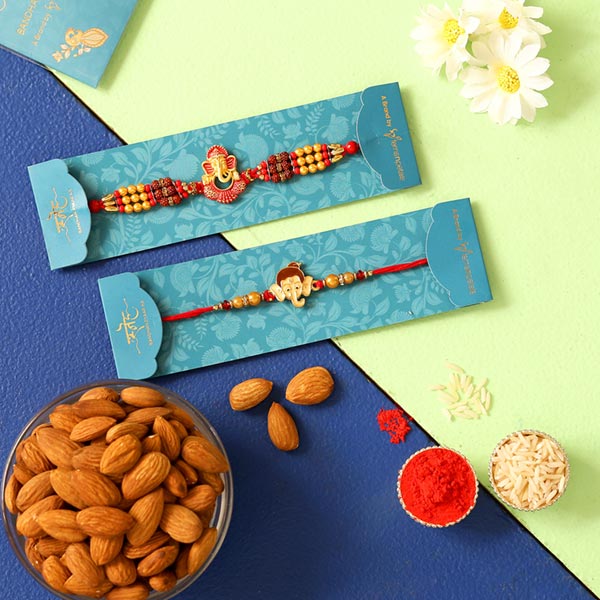 2 Lord Ganesha Rakhis & Healthy Almonds Combo