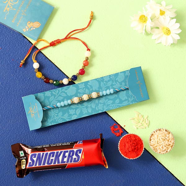 Sea Blue & Navrattan Rakhis With Snickers