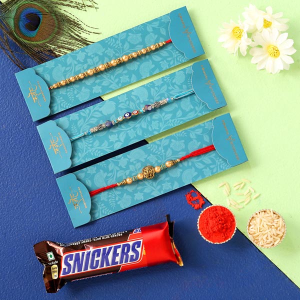Set Of 3 Rakhis & Snickers Chocolate Combo
