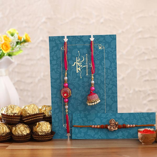 Pink Lumba Rakhi Set & Rudraksha Rakhi With Chocolates
