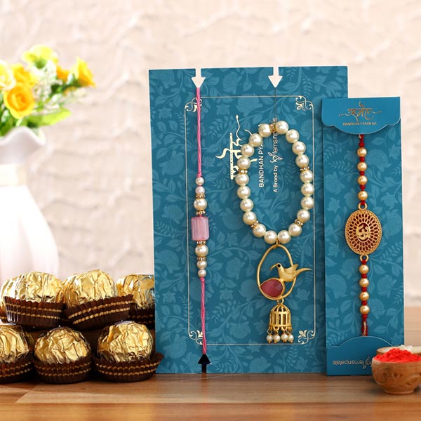 Bird Lumba Rakhi Set & Om Rakhi With Ferrero Rocher