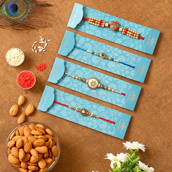Set Of 4 Designer Rakhis & Almonds Combo