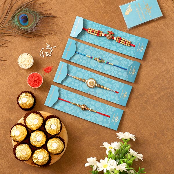 Set Of 4 Designer Rakhis & 5 Pcs Ferrero Rocher