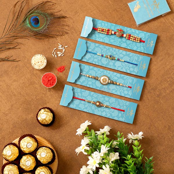 Set Of 4 Designer Rakhis & 3 Pcs Ferrero Rocher