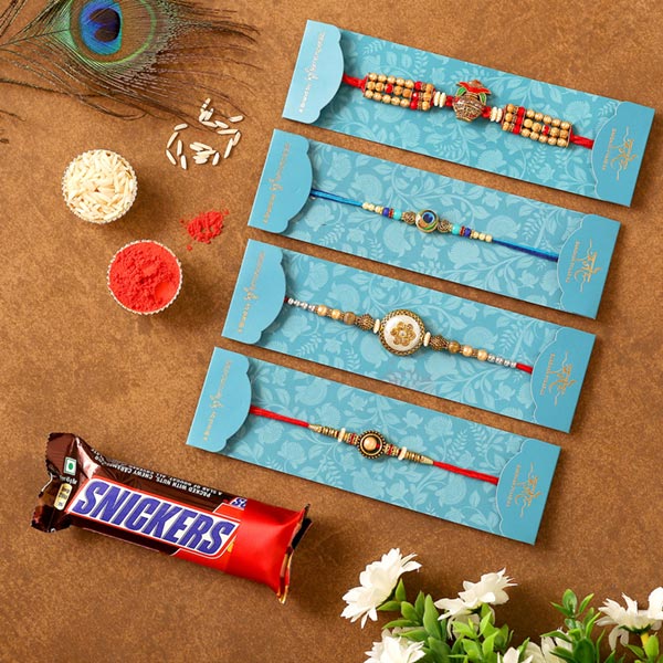 Set Of 4 Designer Rakhis & Snickers Chocolate