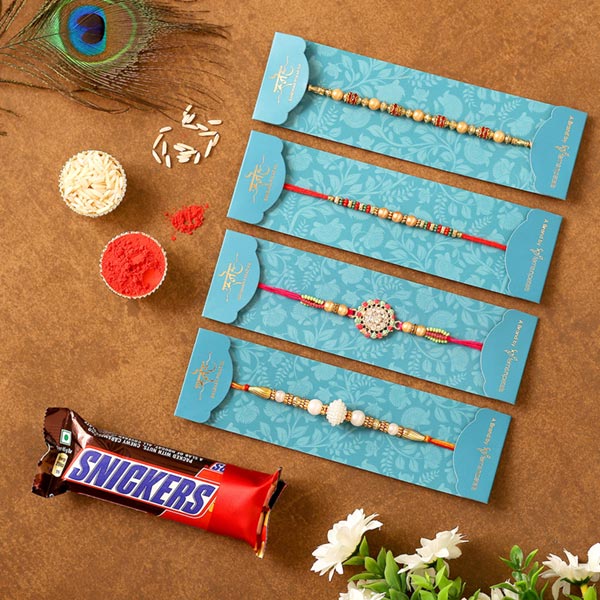 Set Of 4 Ethnic Rakhis & Snickers Chocolate Combo