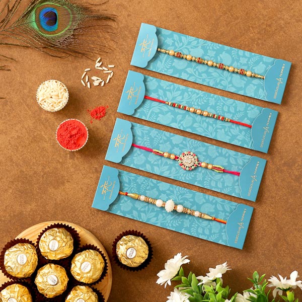 Set Of 3 Ethnic Rakhis & Yummy Ferrero Rocher Combo