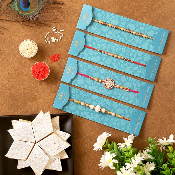Set Of 3 Ethnic Rakhis & Kaju Katli Combo