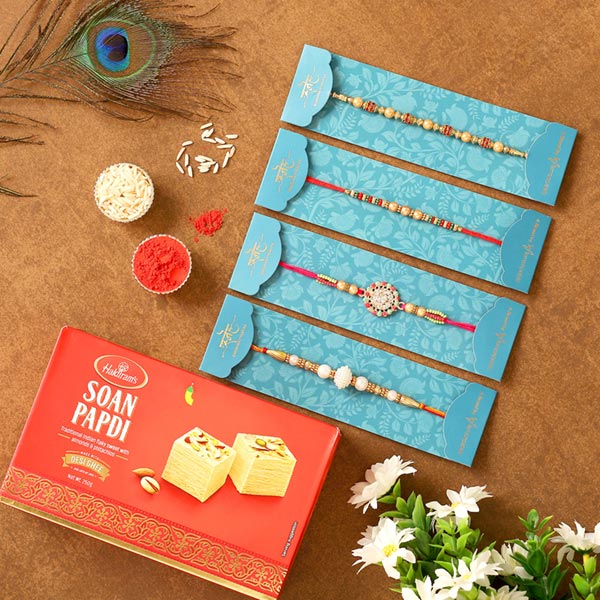 Set Of 3 Ethnic Rakhis & Soan Papdi Combo