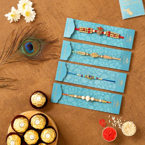 4 Traditional Rakhis & Yummy Ferrero Rocher Combo