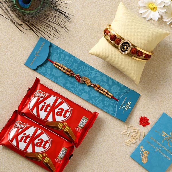 Om Bracelet & Red Peacock Rakhis With Kitkat