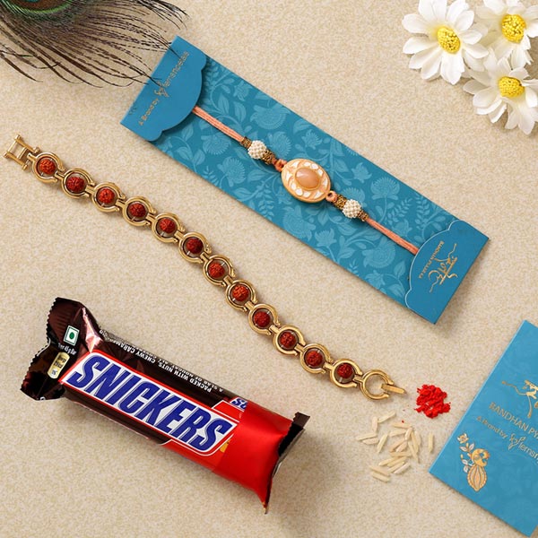 Peach Stone & Bracelet Rakhis With Snickers Chocolate