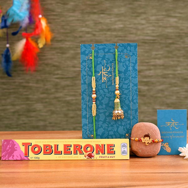 Green Lumba Rakhi Set & Kids Rakhi With Toblerone