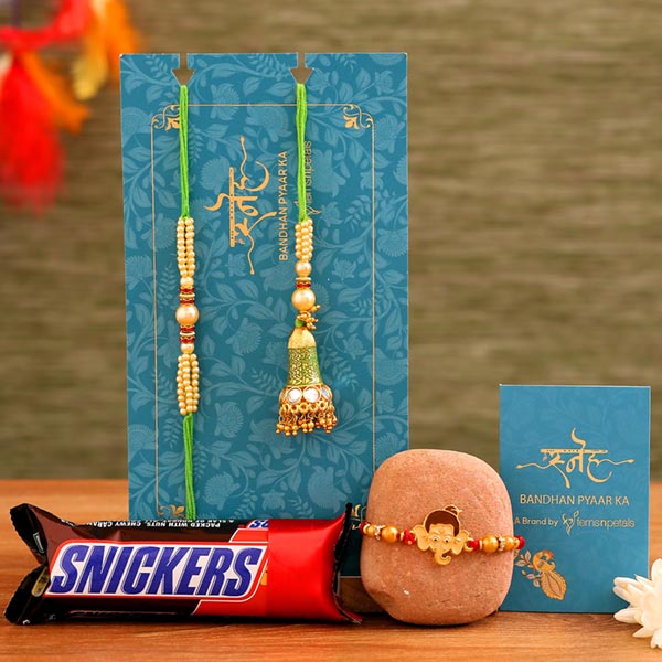 Green Lumba Rakhi Set & Kids Rakhi With Snickers