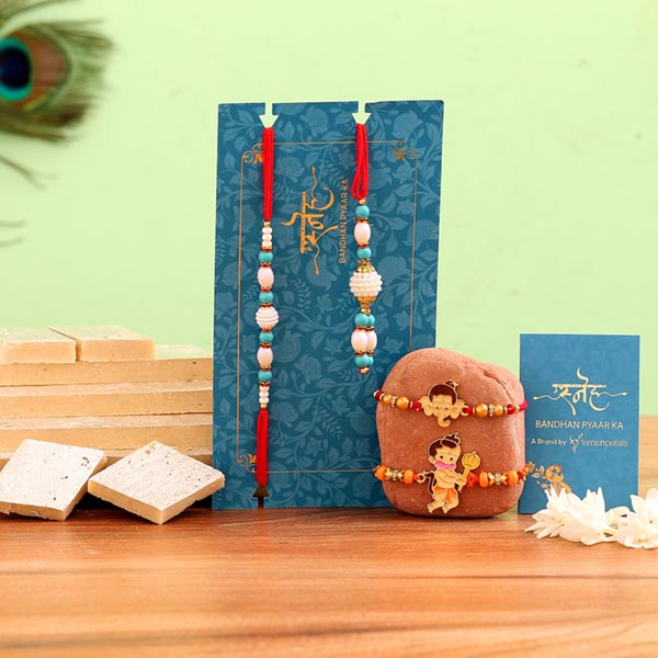 Blue Lumba Rakhi Set & 2 Kids Rakhis With Kaju Katli