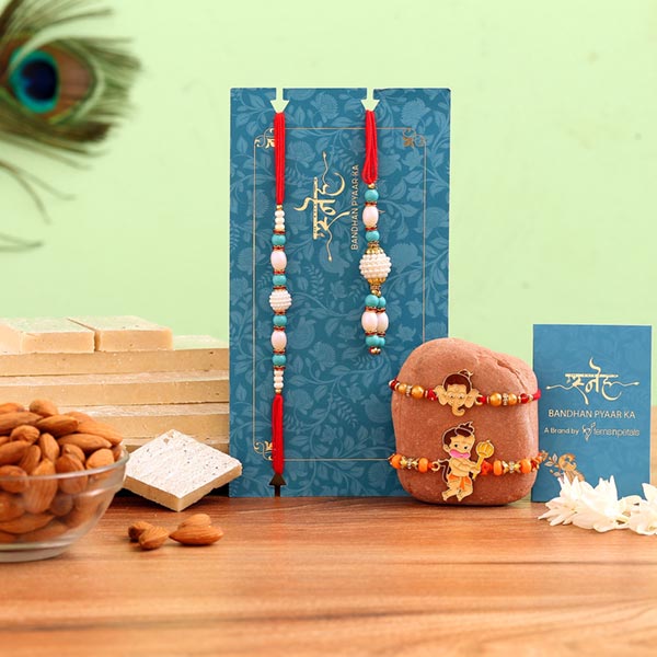 Blue Lumba Rakhi Set & 2 Kids Rakhis With Almonds