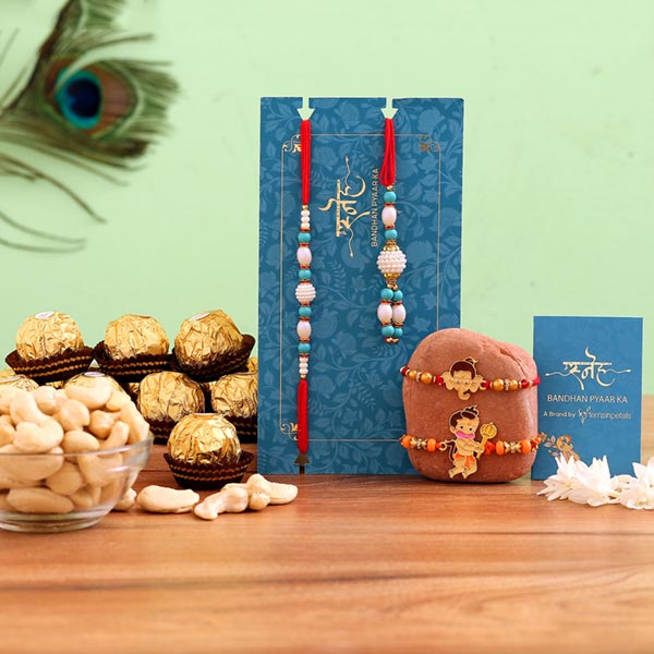 Blue Lumba Rakhi Set & 2 Kids Rakhis With Cashew