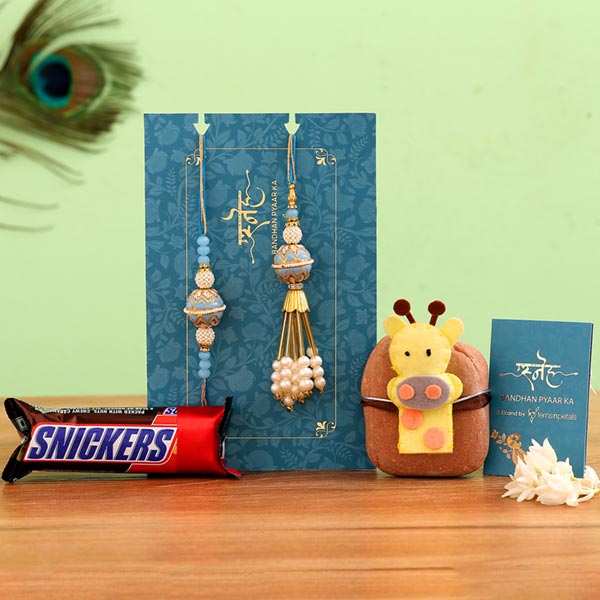 Blue Orb Lumba Rakhi Set & Giraffe Rakhi With Snickers